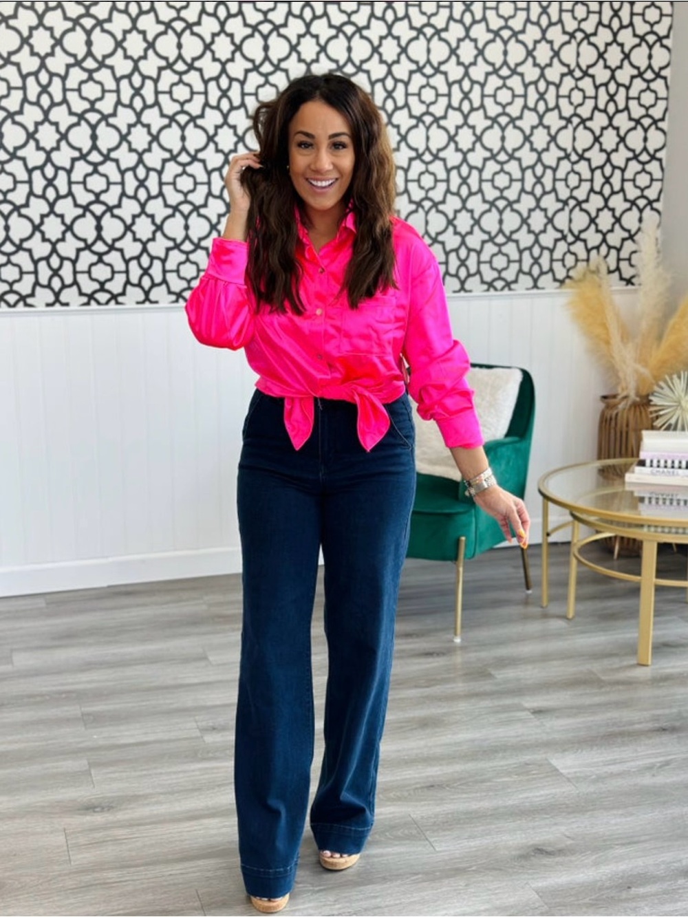 New hot pink silky button up shirt